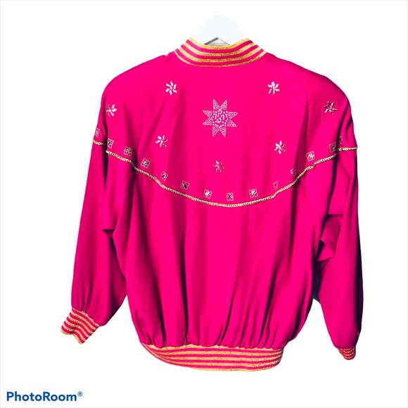 Embroidered Pink Bomber Jacket Glamorous Studded Metallic - Picture 6 of 10